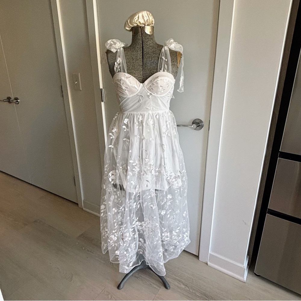 White layered lace dress with overskirt
